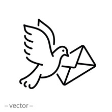 Pigeon With Envelope Icon, Message From Bird, Dove And Mail Letter, Thin Line Symbol On White Background - Editable Stroke Vector Illustration