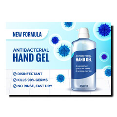 Sticker - Antibacterial Hand Gel Promotion Poster Vector. Antibacterial Hand Gel Blank Bottle With Pump And Germs On Advertising Banner. Disinfectant For Killing Bacteria Style Concept Template Illustration