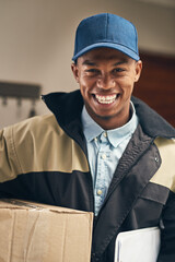 Sticker - Youll save by using our service for your delivery needs. Portrait of a courier making a delivery.