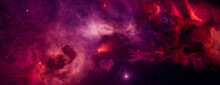 Atmospheric Cosmos Panorama. Futuristic Pink And Purple Banner.