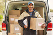 © Adene Sanchez/peopleimages.com - I always get deliveries out on time. Portrait of a smiling delivery man standing in front of his van holding a package.