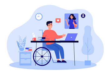 Wall Mural - man with disability watching video stream, using laptop. person sitting in wheelchair flat vector il