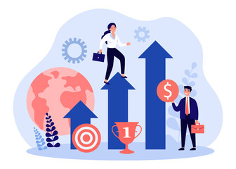 Wall Mural - career and success of employee climbing up arrows. man holding money coin flat vector illustration. 
