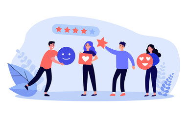 Wall Mural - customer giving rating stars, likes and positive feedback. review from tiny male and female clients 