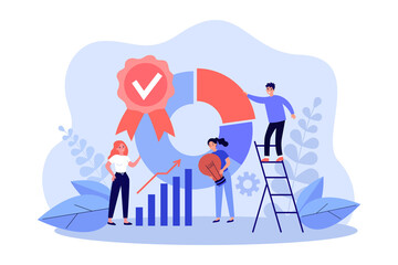 Wall Mural - Analytic research and financial analysis from business people. Work of tiny man and woman with data reports flat vector illustration. Finance concept for banner, website design or landing web page