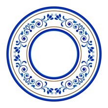 Round Ornament. Porcelain Frame. Folk Print. Decorative Floral Art Border Element Russian And Chinese Style. Blue And White Template For Design, Ceramic, Plate, Pottery, Chinaware, Boutiques, Vector
