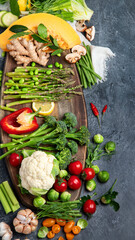 Wall Mural - Delicious raw fruits and vegetables on  background.