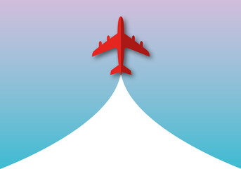 Red airplane flying in the sky background. Travel by air transport concept. space for the text. illustration paper cut design style.