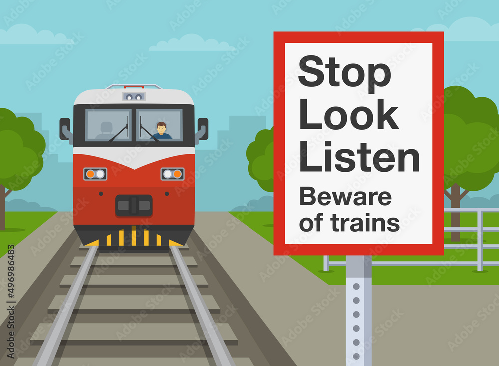 Vector de Stock Railroad safety rules and tips. Stop Look Listen ...