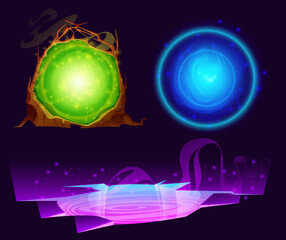 Wall Mural - magic portals to alien world, planet or time. vector cartoon set of futuristic energy doors, fantasy