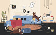 Naughty dogs play in living room together vector illustration. Cartoon mischievous pets jumping with socks, tearing sofa cushion, chaos and mess after dog games background. Behavior disorder concept