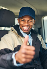 Poster - Were committed to deliver no matter what. Portrait of a courier showing thumbs up while driving a delivery van.