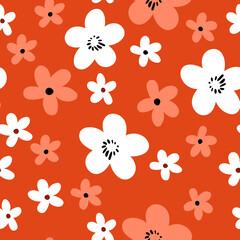  Seamless floral pattern based on traditional folk art ornaments. Colorful flowers on color background. Scandinavian style. Sweden nordic style. Vector illustration. Simple minimalistic pattern