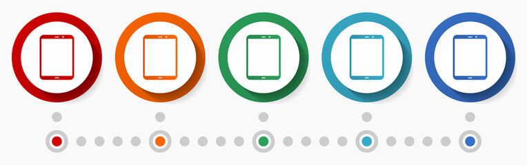 Aufkleber - Tablet, smartphone concept vector icon set, infographic template, flat design colorful web buttons in 5 color options