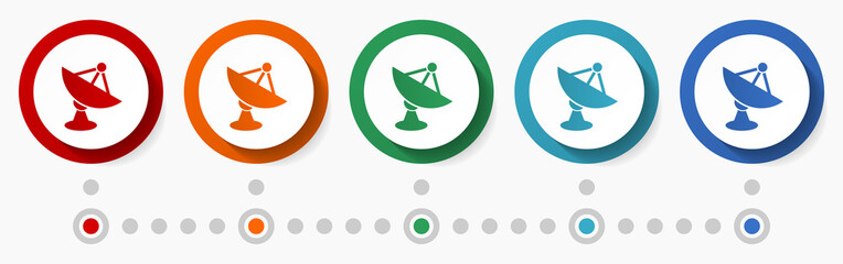 Poster - Satellite, dish, antenna concept vector icon set, infographic template, flat design colorful web buttons in 5 color options