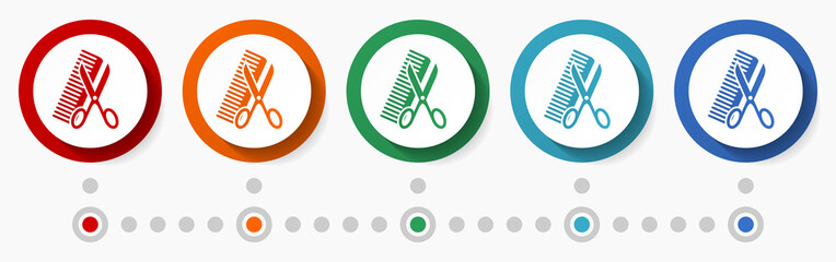 Poster - Haircut, barber concept vector icon set, infographic template, flat design colorful web buttons in 5 color options