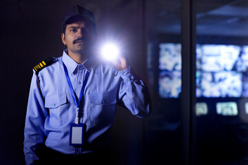 Wall Mural - Security guard searching with torch light while working at night