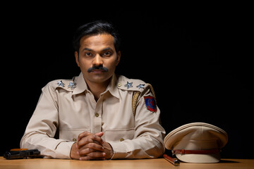 Wall Mural - Portrait of an Indian policeman sitting in policestation