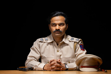 Wall Mural - Portrait of an Indian policeman sitting in policestation