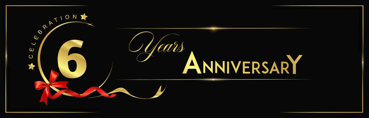 6 Years Anniversary Celebration Gold and Black Color Vector Template Design Illustration. anniversary celebration logotype with elegant modern number gold color for celebration, ribbon, luxury.