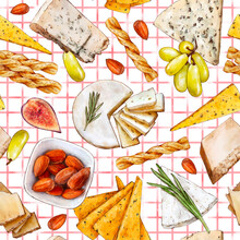 Various Types Of Cheese And Snacks Seamless Pattern. Blue Cheese, Parmesan, Bread Sticks, Almonds, Bacon, Grapes. Hand Painted Watercolor Background Food For Fabric, Wrapping Paper, Textile