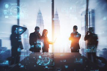 Backlit businessmen and women working tohether in abstract creative blurry office interior with business charts and binary code. System engineering and digital transformation concept. Double exposure.