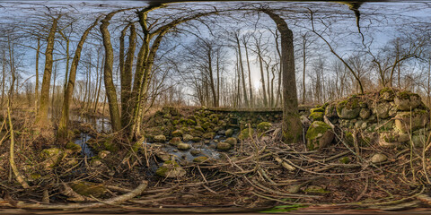 Wall Mural - full seamless spherical hdri 360 panorama view near concrete bridge with stones covered with green moss and forest near swamp in equirectangular projection, ready VR AR virtual reality content