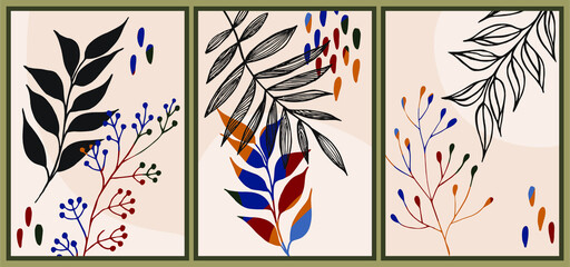 Sticker - Vector boho style abstract art triptych.  Bohemian botanical cards. Printable artistic boho wall art home decor. 