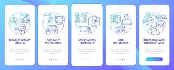 Features of online office blue gradient onboarding mobile app screen. Walkthrough 5 steps graphic instructions pages with linear concepts. UI, UX, GUI template. Myriad Pro-Bold, Regular fonts used