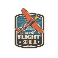 Wall Mural - Flight school icon with airplane, pilots academy and aviation education vector badge. Aviator school and flights training center for civil aviation or avia instructor courses