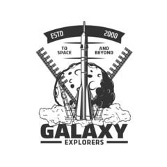 Wall Mural - spaceship on start icon of rocket launch, vector space and galaxy exploration. moon planet and rocke