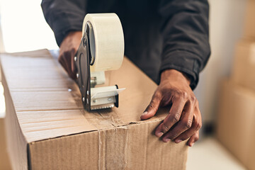 Poster - We take every step to protect your package. Closeup shot of an unrecognizable courier sealing a box with tape for delivery.