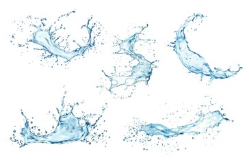 transparent blue water splashes and wave with drops. vector liquid splashing fluids with droplets, i