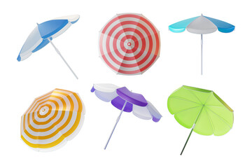 Wall Mural - 3d Color Beach Umbrella Set Cartoon Style Isolated on a White Background. Vector illustration of Parasol