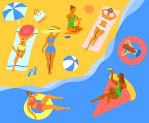 Poster - Cartoon Color Characters Women on a Seaside Landscape Travel Concept Flat Design Style. Vector illustration of Girl Recreation