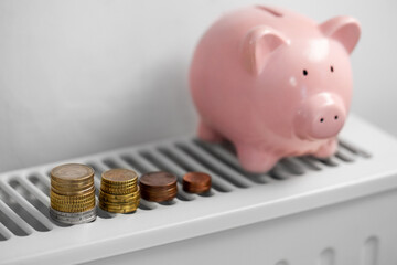 Wall Mural - heating, energy crisis and consumption concept - piggy bank with money on radiator at home