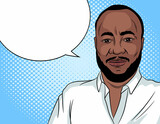 Fototapeta Młodzieżowe - Color vector illustration in pop art style. A businessman in a white shirt stands on a blue background. Successful African American man with beard. Concept design for business application