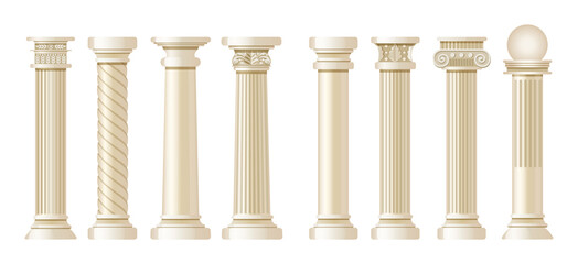 Realistic antique pillars set. Antique column, classic pillar.