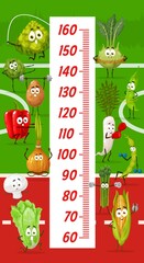 Wall Mural - Kids height chart with cartoon vegetable athletes at stadium. Height measure meter, kids growth measure chart or height ruler vector sticker with corn, asparagus and turnip, pepper, salad and onion