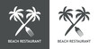 Logotipo con texto Beach Restaurant con tenedor y cuchillo con forma de silueta de palmera en aspa en fondo gris y fondo blanco