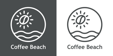 Poster - Coffee Shop. Logotipo con texto Coffee Beach con silueta de frijol de café como sol con olas en círculo en fondo gris y fondo blanco