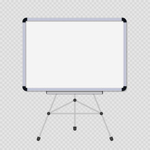 White Board With Tripod. Whiteboard Stand On Tripod. Blank Blackboard For Presentation. Mockup Of Metal Whiteboard Isolated On Transparent Background. Realistic Mockup. Vector