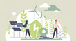© lembergvector - People using eco future technology, renewable energy sources vector illustration. Cartoon man woman characters standing near wind turbines, solar panels. Green energy to clean environment concept