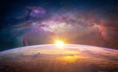 Wall Mural - landscape with milky way galaxy. sunrise and earth view from space with milky way galaxy. (elements 