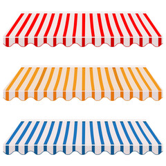 Vector illustration  collection of striped shop,store window awnings red, orange and blue. Awning, canopy icon