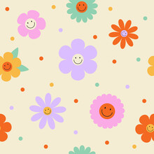Seamless Vector Pattern With Colorful Groovy Flowers And Smiling Faces. 70s, 80s, 90s Vibes Polka Dot Background. Abstract Daisy And Camomile Emoji. Vintage Nostalgia Elements