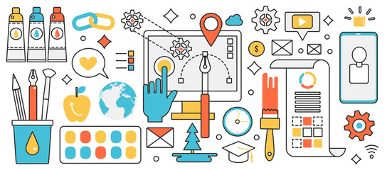 Poster - Web products and website digital content creation. Abstract authors creative tools, software and editor for online freelance work of designer in infographic concept banner, thin line art design