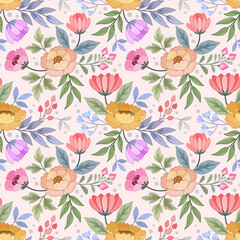 Wall Mural - Colorful hand draw flowers seamless pattern for fabric textile wallpaper.