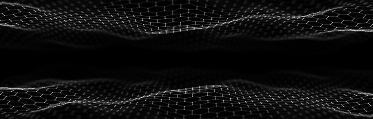 Futuristic dynamic double hexagons wave flow. Abstract honeycomb concept. Digital technology web flow. Big data visualization. 3D rendering.