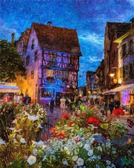 Wall Mural - Colorful painting modern artistic artwork, real brush strokes, drawing in oil European famous old street view, beautiful old vintage houses, design print for canvas or paper poster, touristic product